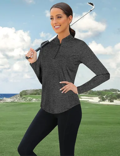 Vista 3 de Misyula - Camisetas de golf para mujer, con protección solar, de secado rápido, con cremallera de 14, para tenis, running y entrenamiento