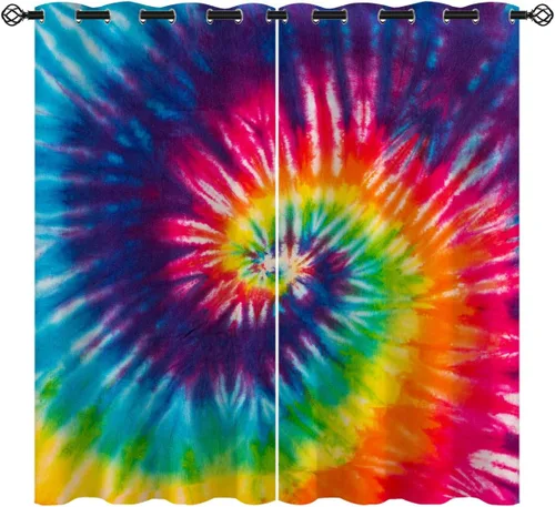 Vista 17 de America - Cortinas opacas de teñido anudado para niñas y niños, decoración del hogar, hippie, rojo, azul, abstracto, con ojales en espiral, cortinas