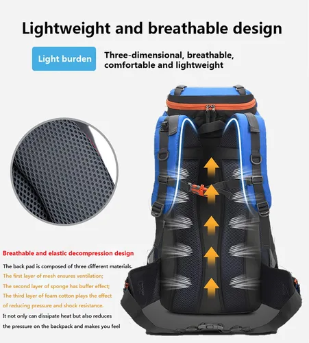 Vista 7 de Bseash Mochila de 60 l para senderismo y camping con cubierta para la lluvia, mochila impermeable de gran capacidad para deportes al aire libre