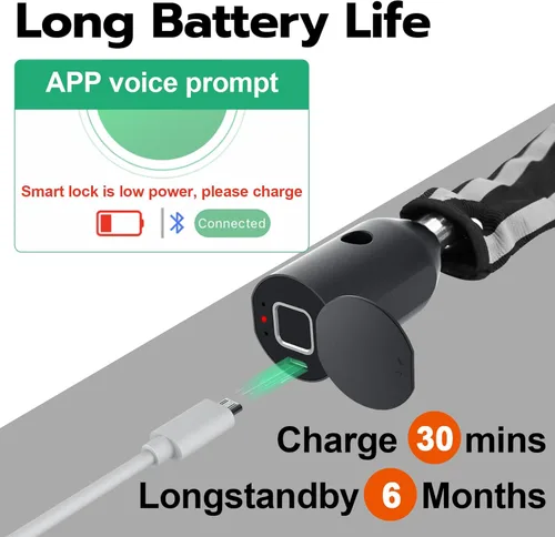 Vista 5 de Cerradura de cadena para bicicleta de huellas dactilares, bloqueo de bicicleta Bluetooth impermeable, biométrico sin llave, resistente, antirrobo