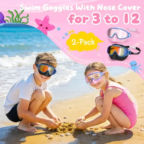 Vista 2 de VegoVia Paquete de 2 gafas de natación para niños con cubierta para la nariz, gafas de natación antivaho con protección UV para niños y jóvenes de 3