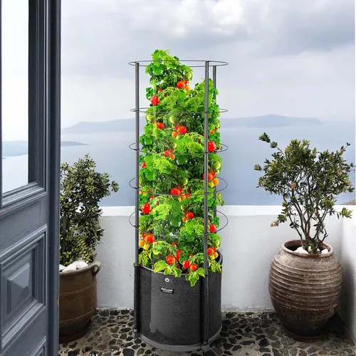 Vista 9 de Outland Living Maceta grande para tomates con enrejado de metal de 68 pulgadas, maceta de tela de 20 galones con drenaje, jaulas altas para trepar