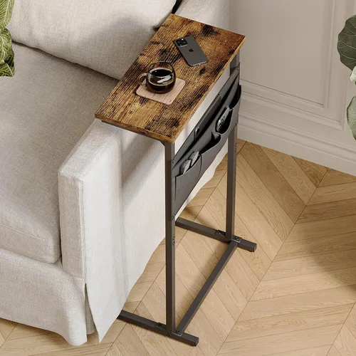Vista 9 de Mesa auxiliar en forma de C, mesa auxiliar para sofá, bandeja de TV pequeña, mesa de sofá con bolsa de almacenamiento para espacio pequeño, sala