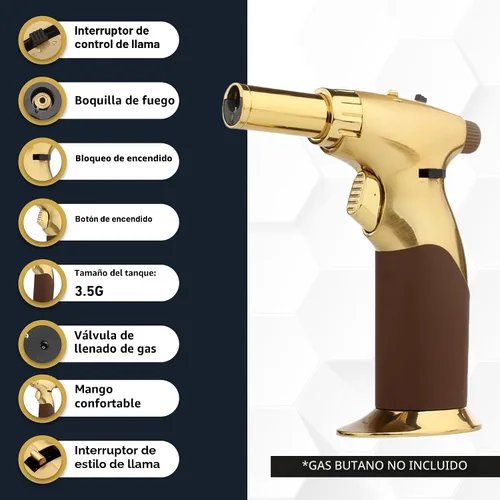 Vista 4 de Pistola de butano de doble llama – Mini soplete de mano recargable de lujo para cocinar, creme brulee, soldadura, soldadura y arte de resina – Llama