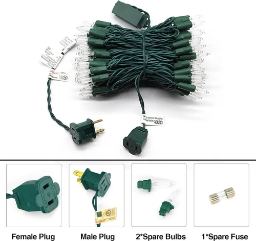 Vista 2 de Guirnalda de 100 luces LED de Navidad de color blanco cálido, cable verde de 35 pies, certificado UL, conectable, mini luces de Navidad