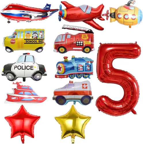 Vista 12 de 12 globos de transporte, camión, avión, autobús escolar, camión de bomberos, coche de policía, barco, ambulancia, submarino, globo de papel