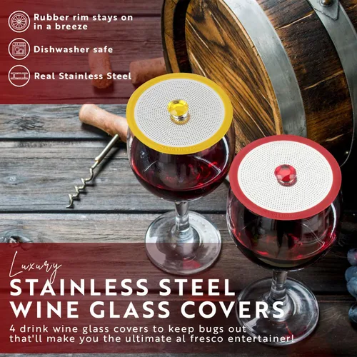 Vista 5 de Fundas de lujo para copas de vino de acero inoxidable, juego de 4 fundas para copas de bebidas al aire libre sin insectos para vino, café, té
