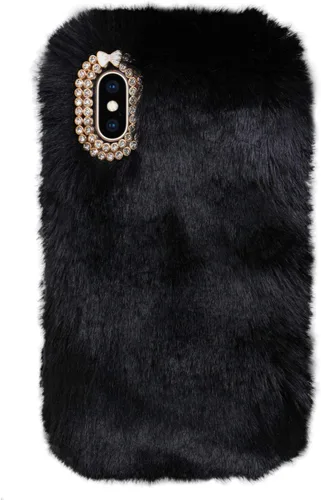 Vista 2 de LCHDA Funda de felpa para iPhone 7/iPhone 8, funda de piel de conejo, funda mullida y esponjosa para niñas, lindo pelo cálido de invierno, funda