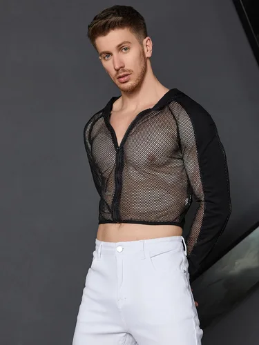 Vista 4 de WDIRARA Sudadera de manga larga con capucha y cremallera frontal de malla transparente para hombre