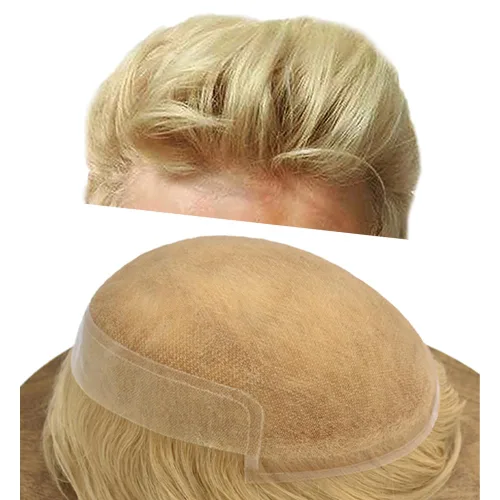 Vista 44 de Tupé para hombre con encaje suizo para hombre, sistema de reemplazo de cabello humano real, extensiones de nudo blanqueado para prótesis de cabello