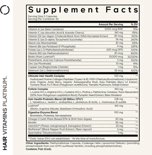 Vista 2 de Codeage Vitaminas Capilares Platino, Lustriva, Biotina, Queratina, 90 Cápsulas Vitaminas Capilares Cápsulas de Platino con Lustriva, Biotina