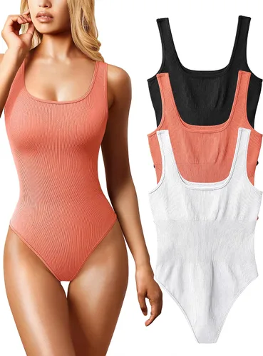 Vista 15 de OQQ Body de 3 piezas para mujer, sexy, acanalado, sin mangas, cuello cuadrado, camiseta sin mangas, leotardo, trajes de moda 2025 negro azul blanco