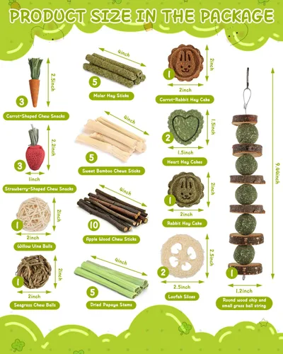 Vista 5 de 40 juguetes masticables de conejo para dientes, juguetes naturales para masticar, zanahoria, fresa, pastel de hierba Timothy, bambú dulce, palitos