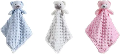Vista 5 de CREVENT Manta acogedora de seguridad para bebés y niños, diseño de lunares Minky frontal + respaldo de sherpa con cara de animal (oso azul)
