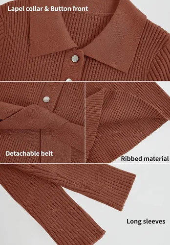 Vista 6 de Lynwitkui Vestido de suéter acanalado de manga larga con cuello en V para mujer, con botones y lazo en la cintura
