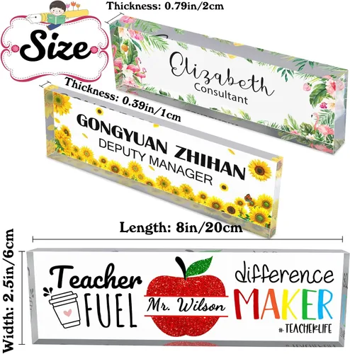 Vista 2 de Placas de nombre de escritorio para oficina, placas de identificación acrílicas personalizadas para escritorios, diseño de flores en decoración