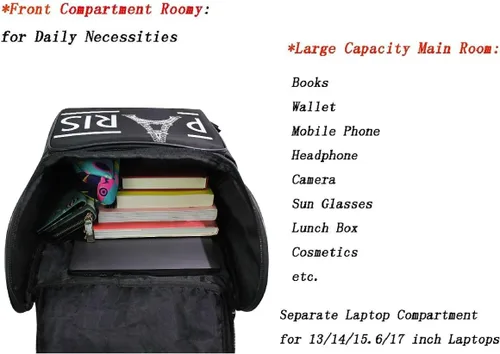 Vista 5 de Naanle Elegante Torre Eiffel París Negro Blanco Casual Hombre Mujer Estudiante Mochila Viaje Computadora Bolsa Eiffel Tower