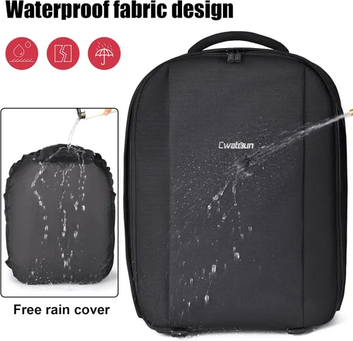 Vista 3 de Cwatcun Mochila profesional para cámara réflex digital con puerto de carga USB, cubierta para lluvia, mochila para computadora portátil de Negro