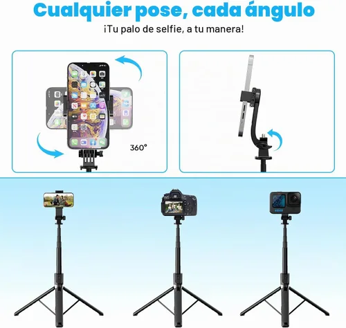 Vista 4 de Trípode extensible para teléfono de 71 pulgadas y palo selfie con control remoto inalámbrico, soporte giratorio de 360°, soporte de trípode portátil