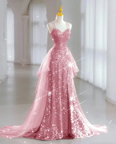 Vista 5 de Vestidos de fiesta de sirena con lentejuelas para mujer, 2 piezas, tirantes delgados, vestidos de tul brillante, vestidos de novia con abertura