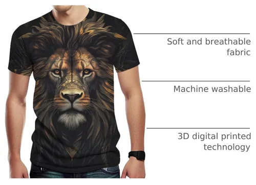 Vista 4 de Camiseta casual de manga corta con estampado 3D de león animal para hombre Negro