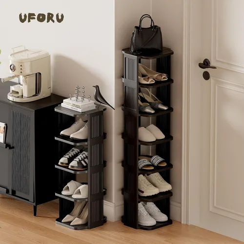 Vista 6 de UFORU - Zapatero pequeño, organizador de zapatos vertical de 5 niveles de plástico para espacios pequeños y estrechos, organizador de zapatos Negro