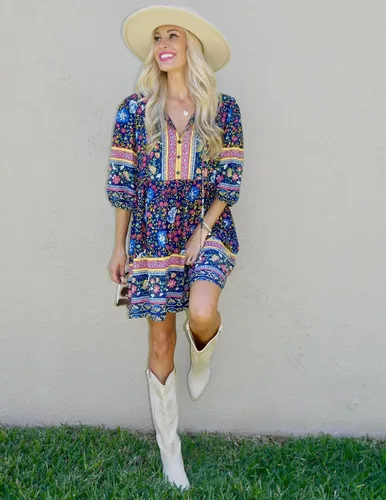 Vista 5 de Chigant Vestido de verano bohemio con cuello en V para mujer, casual, holgado, vintage, manga larga 34, vestidos de playa con bolsillos