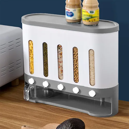 Vista 4 de Dispensador de granos de 5 rejillas, dispensador de arroz para encimera, dispensador de cereales múltiples montado en la pared, dispensador