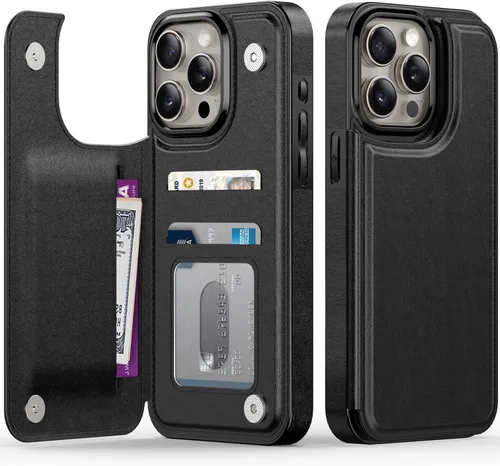 Vista 45 de FUNMIKO Funda tipo cartera para iPhone 15 con tarjetero + clip para efectivo, bloqueo RFID, protección contra caídas de grado militar y obras