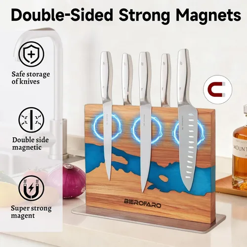 Vista 3 de Bloque magnético para cuchillos con base de acero, soporte para cuchillos de doble cara hecho de madera de acacia para cuchillos de chef, moderno