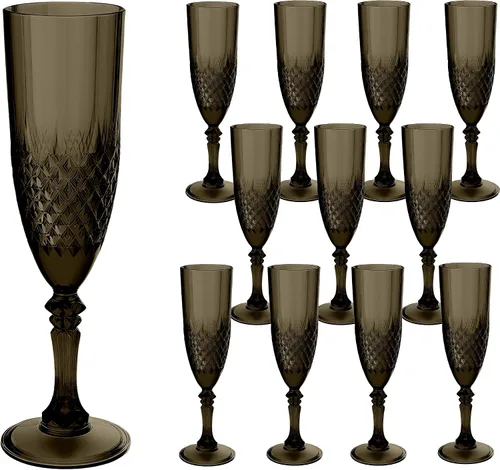 Vista 26 de Copas de champán de plástico, copas de champán a granel, copas de vino acrílicas reutilizables irrompibles para bodas, despedidas de soltero, Ámbar