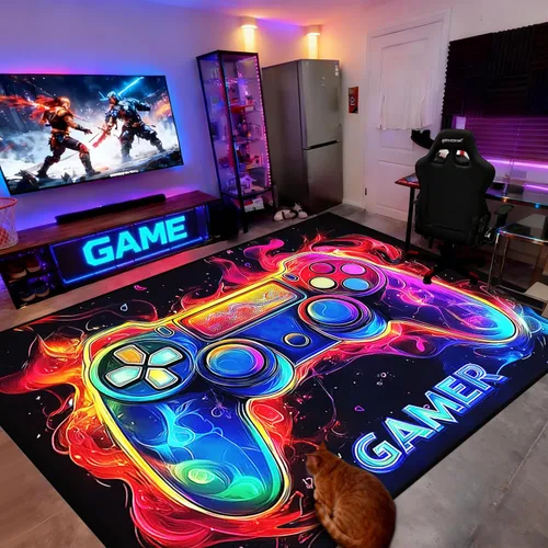Vista 10 de Alfombra de juegos para habitación de niños - Alfombra de área amarilla temática de juegos para dormitorio de niños, decoración de habitación