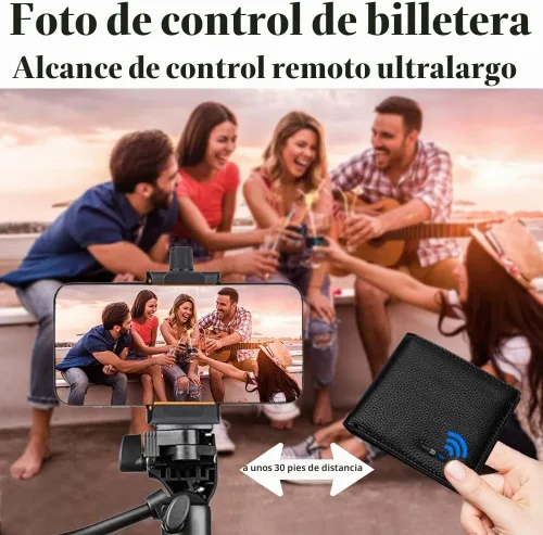 Vista 4 de Cartera para hombre con rastreador funciona con iOS y Android, billetera con billetera plegable de cuero auténtico, 8 tarjetas y 1 ventana para Negro