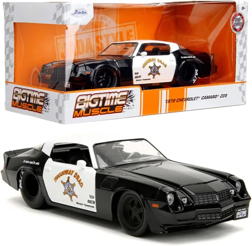 Vista 2 de Jada Big Time Muscle 1:24 1979 Chevy Camaro Z28 - Auto fundido a presión, juguetes para niños y adultos (colores policiales)