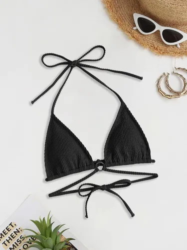 Vista 6 de OYOANGLE Top de bikini triangular para mujer, con lazo cruzado en la espalda
