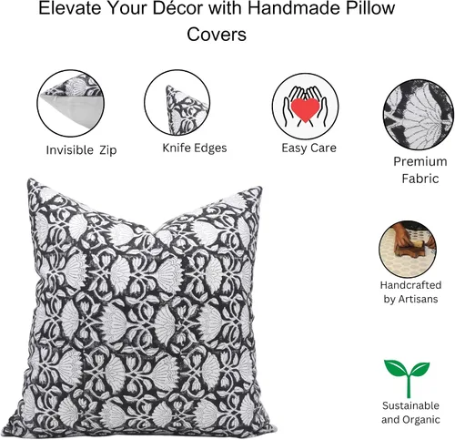Vista 6 de Funda de cojín elegante de lino blanco roto con estampado de bloque a mano, 14 x 14 pulgadas, con cremallera invisible para sofá, cama, sala de Negro