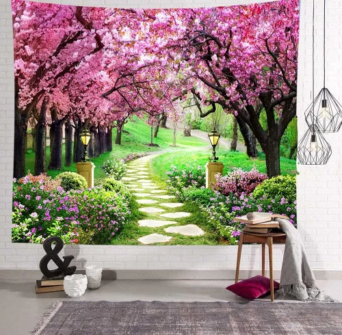 Vista 9 de Tapiz japonés de flores de cerezo para ventana, camino de bosque de árboles, flores rosas, botánico, floral, paisaje natural, estético para sala
