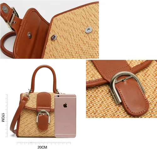 Vista 6 de boshiho Bolso de mano tejido de paja retro para mujer, pequeño bolso cruzado para el hombro, bolso de mensajero