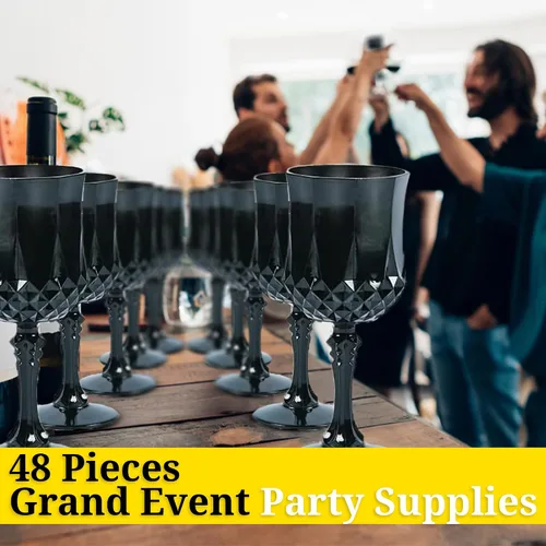 Vista 2 de Fun Express Copas de vino de plástico con patrón negro a granel, 48 piezas, bodas, recepciones, suministros para fiestas de gran evento