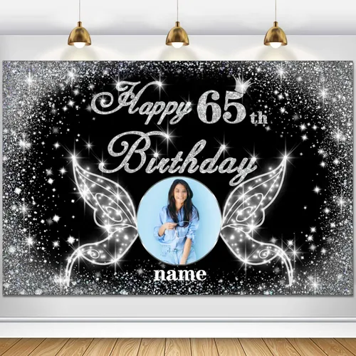 Vista 78 de Cartel personalizado de decoración de fiesta de cumpleaños número 100 - tema de alas de ángel - negro y plateado HY-NLK-100º