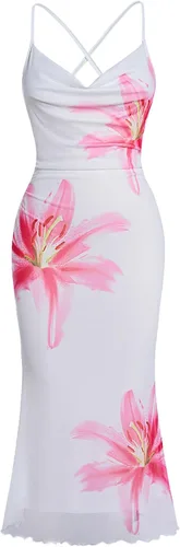 Vista 25 de SOLY HUX Vestido de malla floral para mujer, vestido largo para cóctel Estampado floral multicolor.