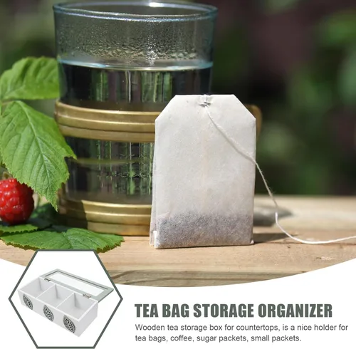 Vista 3 de Small Wooden Tea Bag Storage Box with 3 Compartments and Hollow Lid