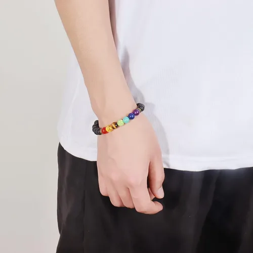 Vista 6 de Juego de 7 chakras para mujeres y hombres, cuentas de piedra de lava, pulsera de curación de yoga con piedras reales para la ansiedad y meditación