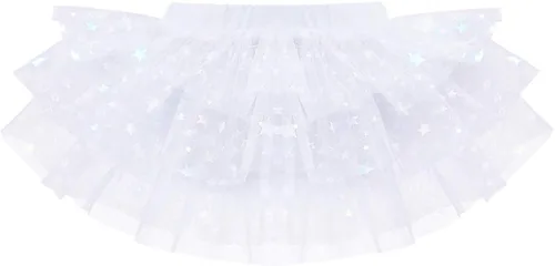 Vista 7 de IDOPIP Leotardo con falda de tutú de estrella con purpurina para niñas, manga con volantes, vestido de bailarina, traje de gimnasia