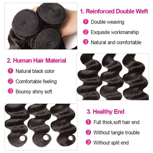 Vista 2 de Paquetes con extensiones de cabello ondulado con cierre (10 12 14+10, parte libre) cierre de encaje 4×4 con 3 paquetes 100% cabello humano virgen