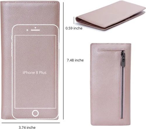 Vista 3 de Bveyzi Billeteras de cuero ultrafino con bloqueo RFID para tarjetas de crédito, billetera plegable para mujer, Oro Rosa, Cartera Rfid