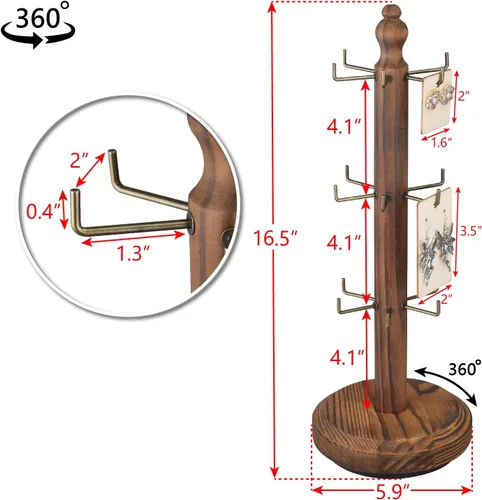 Vista 2 de MOOCA Soporte de exhibición de madera giratorio de 360 grados, soporte de accesorios de madera, soporte de tarjeta de pendientes con 18 ganchos