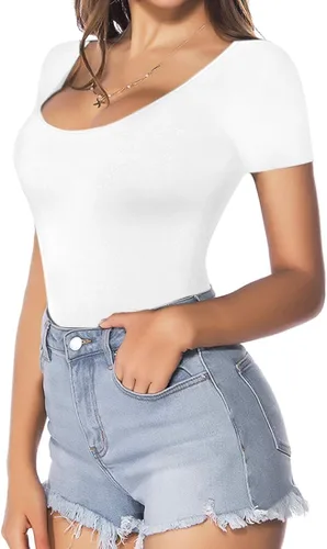 Vista 3 de MANGOPOP Body básico elástico de manga corta con cuello redondo para mujer