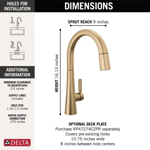 Vista 4 de Delta Grifo Monrovia Dorado para cocina, grifos de cocina con rociador desplegable, grifo de fregadero de cocina, grifo dorado para fregadero