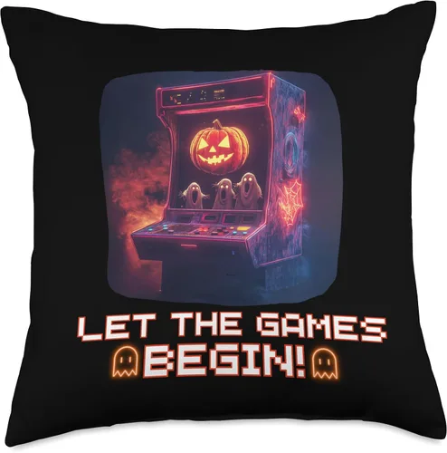 Vista 4 de Halloween Gaming Arcade Retro 80s Let The Games Begin Throw Pillow
